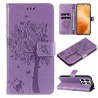 For Xiaomi 14T Pro Tree & Cat Embossed Pattern Flip Leather Phone Case(Light Purple) - 1