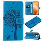 For Xiaomi 14T Pro Tree & Cat Embossed Pattern Flip Leather Phone Case(Blue) - 1