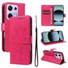 For Xiaomi Poco M6 Pro 4G Global Tree & Cat Embossed Pattern Flip Leather Phone Case(Rose Red) - 1