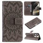 For Xiaomi Poco F6 Embossed Sunflower Pattern Flip Leather Phone Case(Grey) - 1