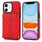 For iPhone 11 Splicing Rhombic Texture Card Bag Phone Case with Long Lanyard(Red) - 1