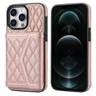 For iPhone 12 Pro Max Splicing Rhombic Texture Card Bag Phone Case with Long Lanyard(Rose Gold) - 1