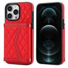 For iPhone 12 Pro Max Splicing Rhombic Texture Card Bag Phone Case with Long Lanyard(Red) - 1