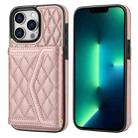 For iPhone 13 Pro Max Splicing Rhombic Texture Card Bag Phone Case with Long Lanyard(Rose Gold) - 1