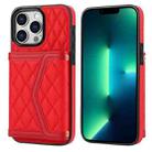For iPhone 13 Pro Max Splicing Rhombic Texture Card Bag Phone Case with Long Lanyard(Red) - 1
