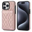 For iPhone 15 Pro Splicing Rhombic Texture Card Bag Phone Case with Long Lanyard(Rose Gold) - 1