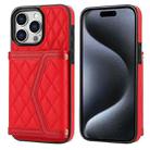 For iPhone 15 Pro Splicing Rhombic Texture Card Bag Phone Case with Long Lanyard(Red) - 1