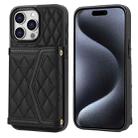 For iPhone 15 Pro Max Splicing Rhombic Texture Card Bag Phone Case with Long Lanyard(Black) - 1