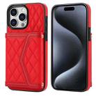 For iPhone 15 Pro Max Splicing Rhombic Texture Card Bag Phone Case with Long Lanyard(Red) - 1