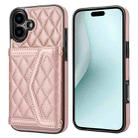 For iPhone 16 Plus Splicing Rhombic Texture Card Bag Phone Case with Long Lanyard(Rose Gold) - 1