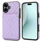 For iPhone 16 Plus Splicing Rhombic Texture Card Bag Phone Case with Long Lanyard(Purple) - 1