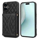 For iPhone 16 Plus Splicing Rhombic Texture Card Bag Phone Case with Long Lanyard(Black) - 1