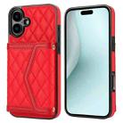 For iPhone 16 Splicing Rhombic Texture Card Bag Phone Case with Long Lanyard(Red) - 1