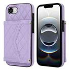 For iPhone 16e Splicing Rhombic Texture Card Bag Phone Case with Long Lanyard(Purple) - 1