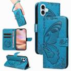 For iPhone 16 Plus Swallowtail Butterfly Embossed Leather Phone Case(Blue) - 1