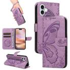 For iPhone 16 Plus Swallowtail Butterfly Embossed Leather Phone Case(Purple) - 1
