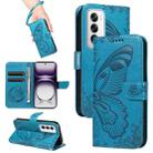 For OPPO Reno12 5G Global Swallowtail Butterfly Embossed Leather Phone Case(Blue) - 1