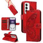 For OPPO Reno12 5G Global Swallowtail Butterfly Embossed Leather Phone Case(Red) - 1