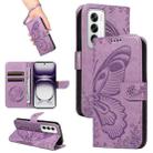 For OPPO Reno12 5G Global Swallowtail Butterfly Embossed Leather Phone Case(Purple) - 1