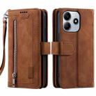 For Xiaomi Redmi Note 14 5G Nine Card Zipper Bag Leather Phone Case with Lanyard(Brown) - 1