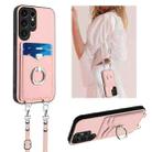 For Samsung Galaxy S22 Ultra 5G R20 Crossbody Rope Ring Card Holder Phone Case(Pink) - 1