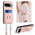 For Google Pixel 9 Pro R20 Crossbody Rope Ring Card Holder Phone Case(Pink) - 1