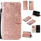 For iPhone 12 / 12 Pro Lace Flower Horizontal Flip Leather Case with Holder & Card Slots & Wallet & Photo Frame(Rose Gold) - 1