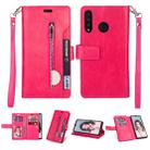 For Huawei P30 lite Multifunctional Zipper Horizontal Flip Leather Case with Holder & Wallet & 9 Card Slots & Lanyard(Rose Red) - 1