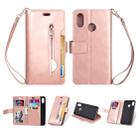 For Huawei P20 lite / Nova 3e Multifunctional Zipper Horizontal Flip Leather Case with Holder & Wallet & 9 Card Slots & Lanyard(Rose Gold) - 1