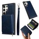 For Samsung Galaxy S22 Ultra 5G Solid Color Zipper 11-Card Slots Bag Phone Case with Lanyard(Blue) - 1