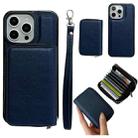 For iPhone 15 Pro Max Solid Color Zipper 11-Card Slots Bag Phone Case with Lanyard(Blue) - 1