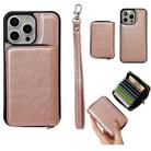 For iPhone 15 Pro Solid Color Zipper 11-Card Slots Bag Phone Case with Lanyard(Rose Gold) - 1