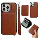 For iPhone 15 Pro Solid Color Zipper 11-Card Slots Bag Phone Case with Lanyard(Brown) - 1