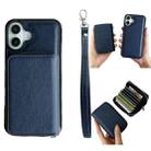 For iPhone 16 Plus Solid Color Zipper 11-Card Slots Bag Phone Case with Lanyard(Blue) - 1