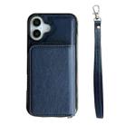 For iPhone 16 Plus Solid Color Zipper 11-Card Slots Bag Phone Case with Lanyard(Blue) - 2