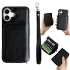 For iPhone 16 Plus Solid Color Zipper 11-Card Slots Bag Phone Case with Lanyard(Black) - 1