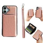 For iPhone 16 Plus Solid Color Zipper 11-Card Slots Bag Phone Case with Lanyard(Rose Gold) - 1