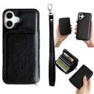 For iPhone 16 Solid Color Zipper 11-Card Slots Bag Phone Case with Lanyard(Black) - 1