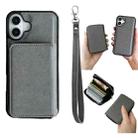 For iPhone 16 Solid Color Zipper 11-Card Slots Bag Phone Case with Lanyard(Grey) - 1