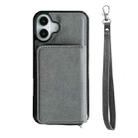 For iPhone 16 Solid Color Zipper 11-Card Slots Bag Phone Case with Lanyard(Grey) - 2