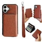 For iPhone 16 Solid Color Zipper 11-Card Slots Bag Phone Case with Lanyard(Brown) - 1