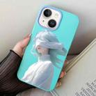 For iPhone 15 Blindfold Girl PC Hybrid TPU Phone Case(Sky Cyan) - 1