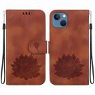 For iPhone 14 Plus Lotus Embossed Leather Phone Case(Brown) - 1