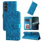 For Sony Xperia 1 V Embossed Sunflower Leather Phone Case(Blue) - 1