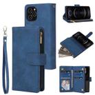 For iPhone 12 / 12 Pro Multifunctional Retro Frosted Horizontal Flip Leather Case with Card Slot & Holder & Zipper Wallet & Photo Frame & Lanyard(Blue) - 1