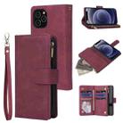 For iPhone 12 mini Multifunctional Retro Frosted Horizontal Flip Leather Case with Card Slot & Holder & Zipper Wallet & Photo Frame & Lanyard(Red Wine) - 1