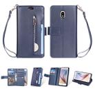 For Samsung Galaxy J3 (2018) / Galaxy J7 (2018) Multifunctional Zipper Horizontal Flip Leather Case with Holder & Wallet & 9 Card Slots & Lanyard(Blue) - 1