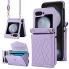 For Samsung Galaxy Z Flip5 Splicing Rhombic Texture Phone Case with Long & Short Lanyard, Not Included Pen(Purple) - 1