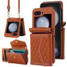 For Samsung Galaxy Z Flip5 Splicing Rhombic Texture Phone Case with Long & Short Lanyard, Not Included Pen(Brown) - 1