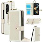 For Samsung Galaxy Z Fold4 Splicing Rhombic Texture Phone Case with Long & Short Lanyard, Not Included Pen(Beige) - 1